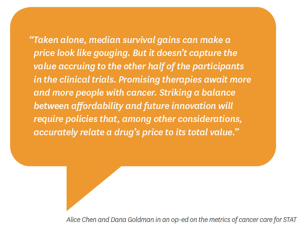 Taken alone, median survival gains can make a price look like gouging. But it doesn't capture the value accruing to the other half of the participants in the clinical trials.