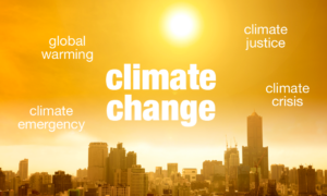 Photo illustration of a cityscape against a hazy, sunny backdrop surrounding by the terms climate change, climate emergency, global warming, climate justice and climate crisis